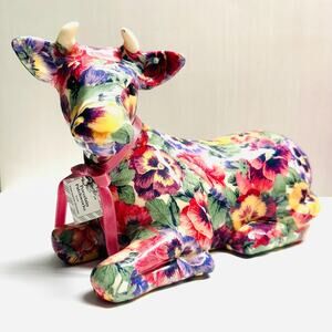 Vintage Joan Baker Porcelain Patchwork Cow Figurine Fabric Violets